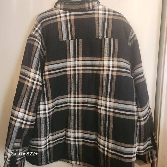 O16 George mens black/brown/tan plaid flannel black sherpa-lined jacket w snaps - Picture 2 of 10